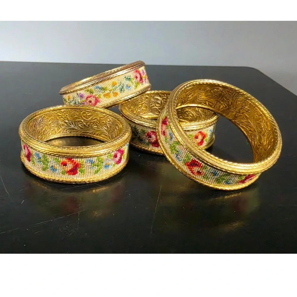 Vintage Petit Point Floral Napkin Rings Set of 4 Gold Tone Engraved Metal Rose